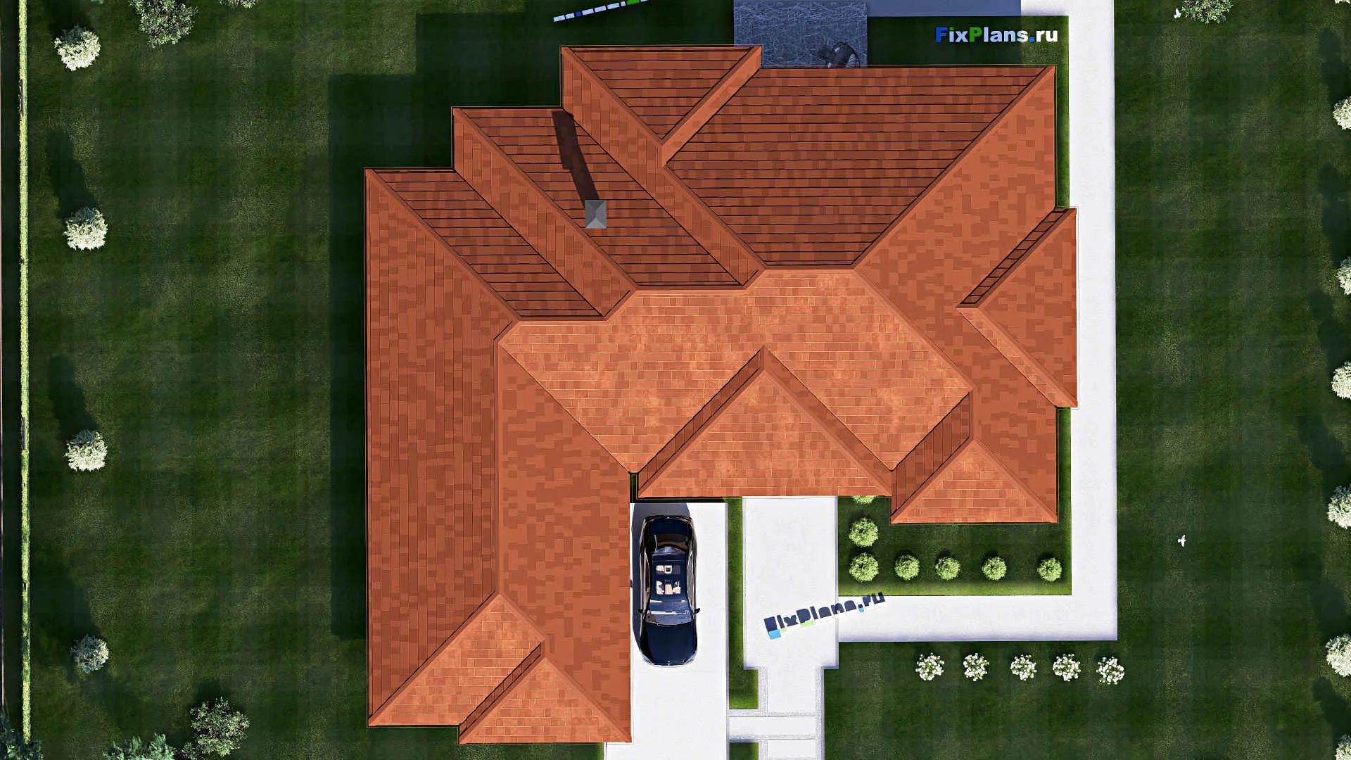 F-17306 - План одноэтажного дома 22 на 24, площадью 270 м² с террасой, гаражом на 2 машины и 4 спальнями