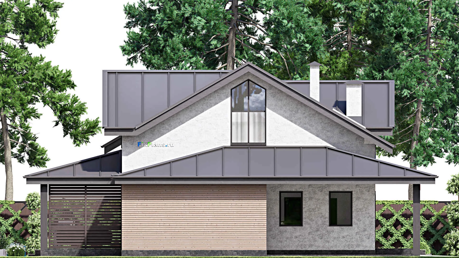 F-13697 - Проект дома с мансардой 16 на 17, площадью 280 м² с террасой, гаражом на 1 машину и 4 спальнями