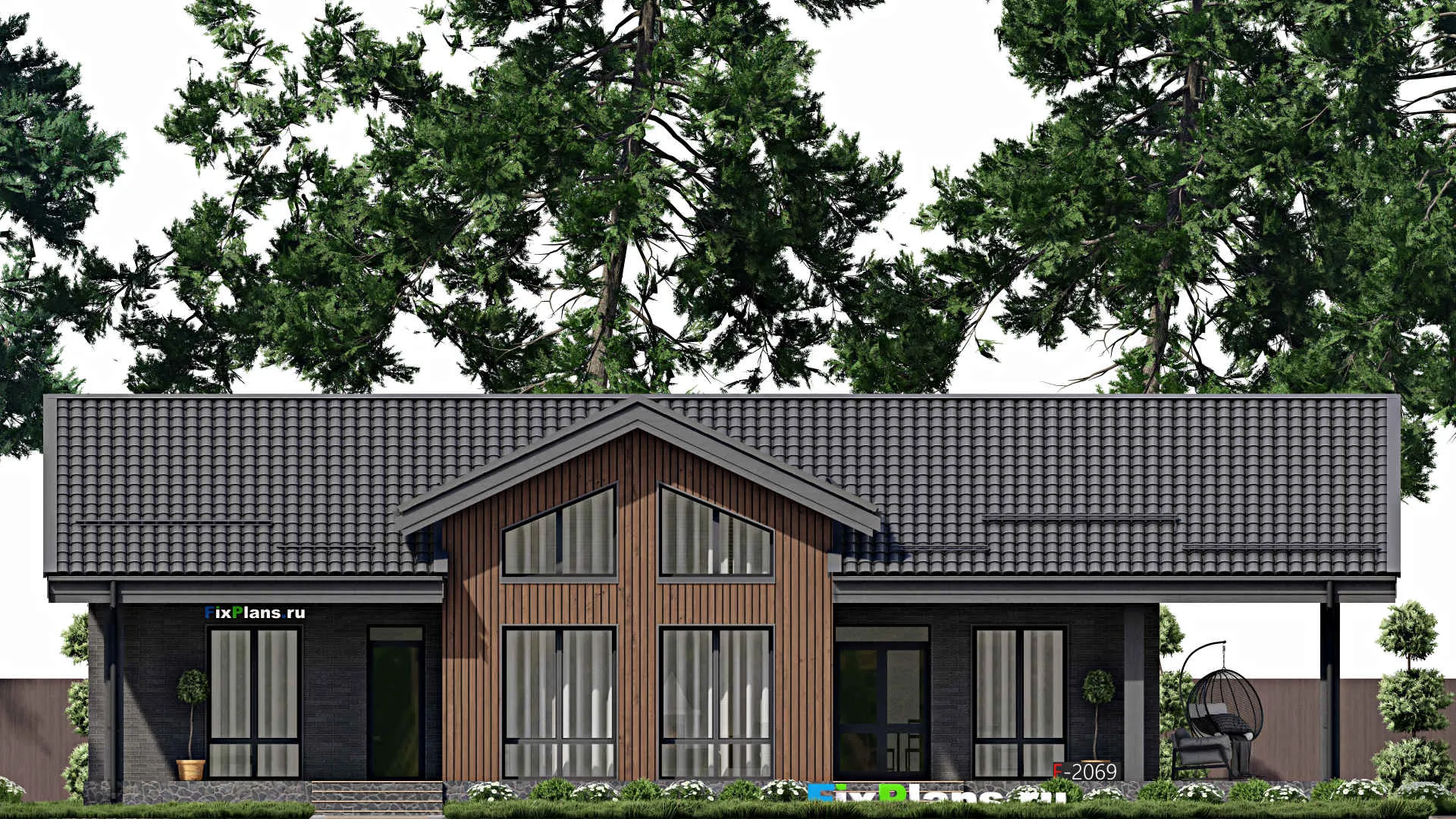 F-2069 - План одноэтажного дома 11 на 17, площадью 150 м² с террасой и 3 спальнями