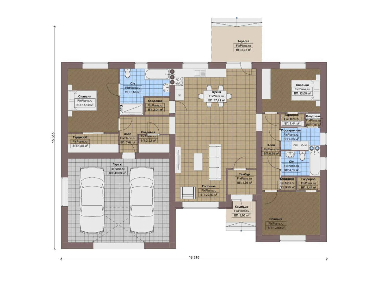 F-17504 - План одноэтажного дома 16 на 19, площадью 190 м² с террасой, гаражом на 2 машины и 3 спальнями