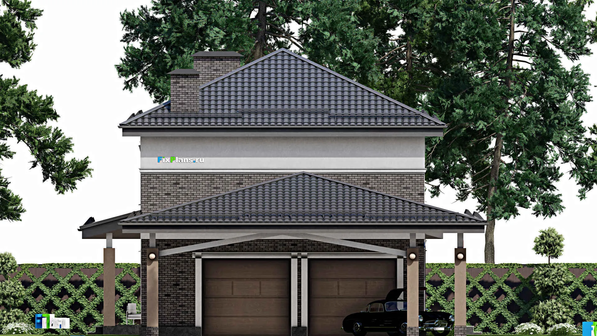 F-10079 - Планы двухэтажного дома 12 на 28, площадью 270 м² с террасой, баней, гаражом на 1 машину и 5 спальнями