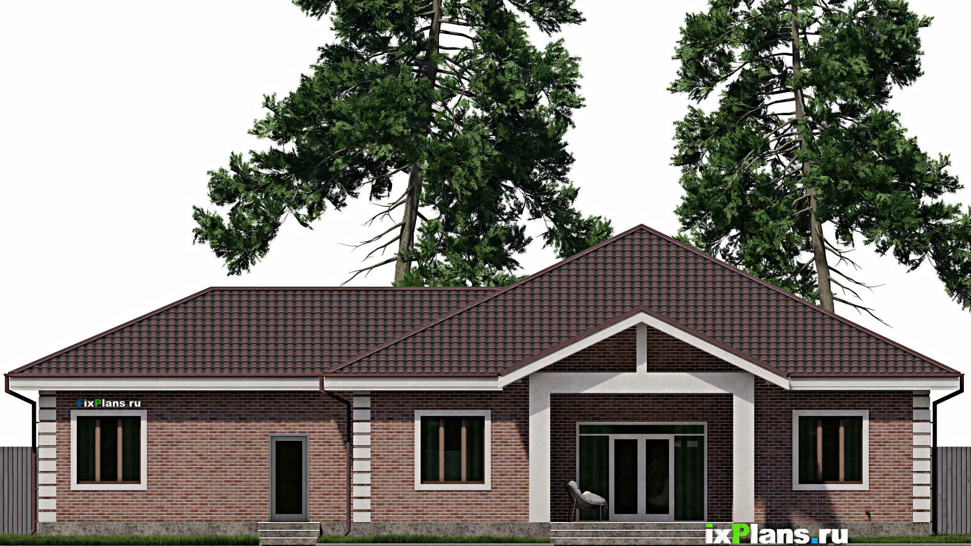 F-0674 - Проект одноэтажного дома 20 на 22, площадью 270 м² с террасой, гаражом на 2 машины и 4 спальнями