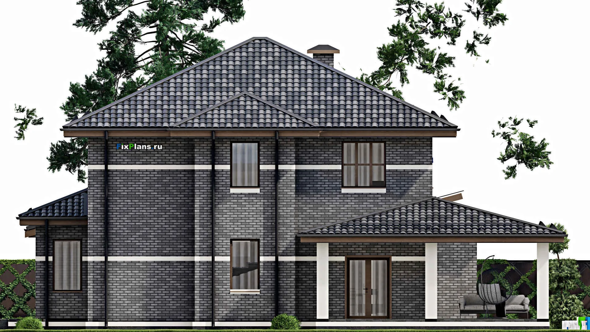 F-3482 - Проект двухэтажного дома 19 на 23, площадью 350 м² с террасой, гаражом на 2 машины и 5 спальнями