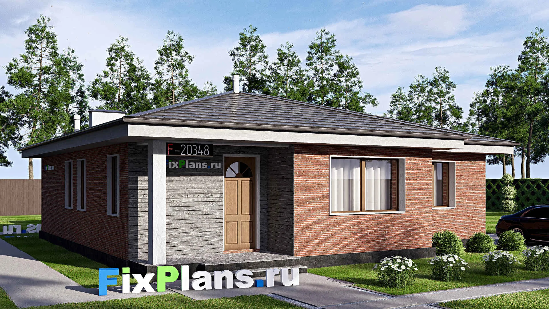 F-20348 - Проект одноэтажного дома 12 на 15, площадью 120 м² с террасой и 3 спальнями