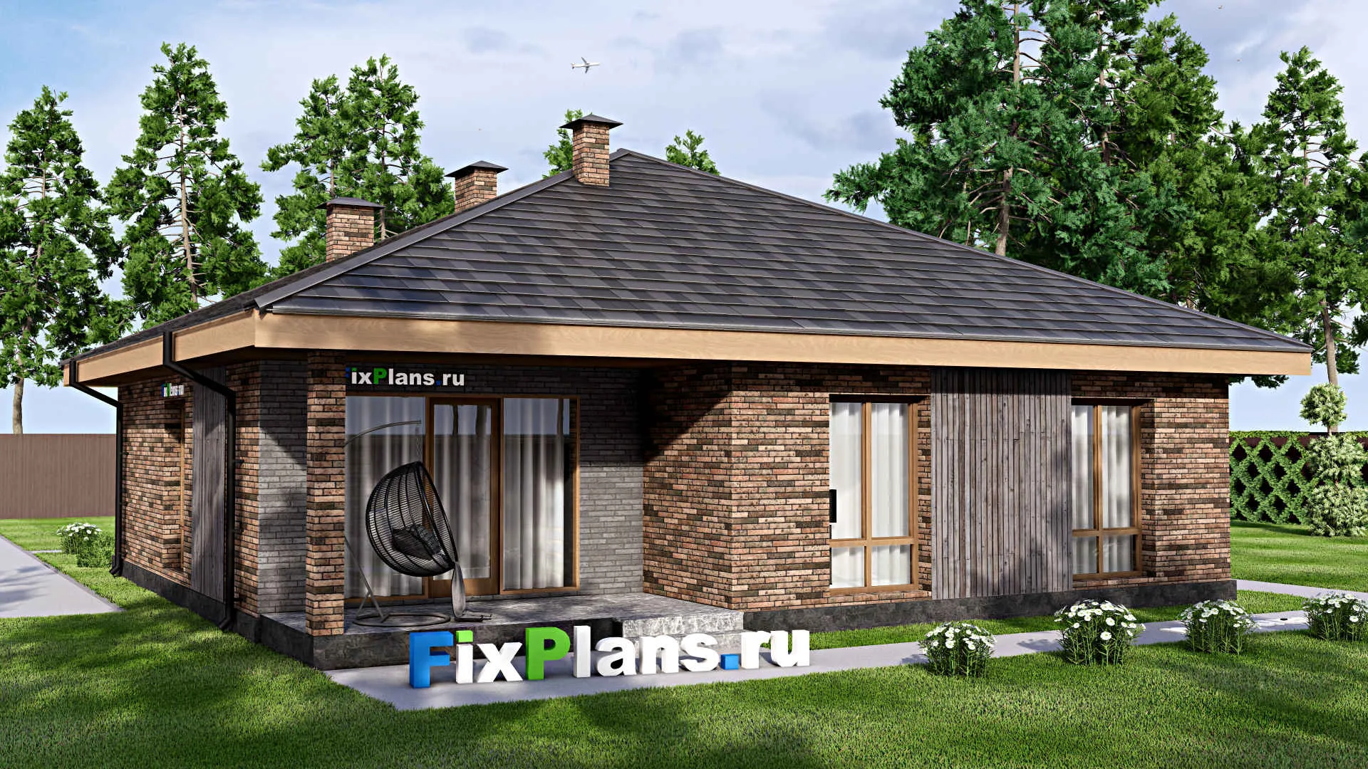 F-14624 - План одноэтажного дома 13 на 13, площадью 130 м² с террасой и 3 спальнями