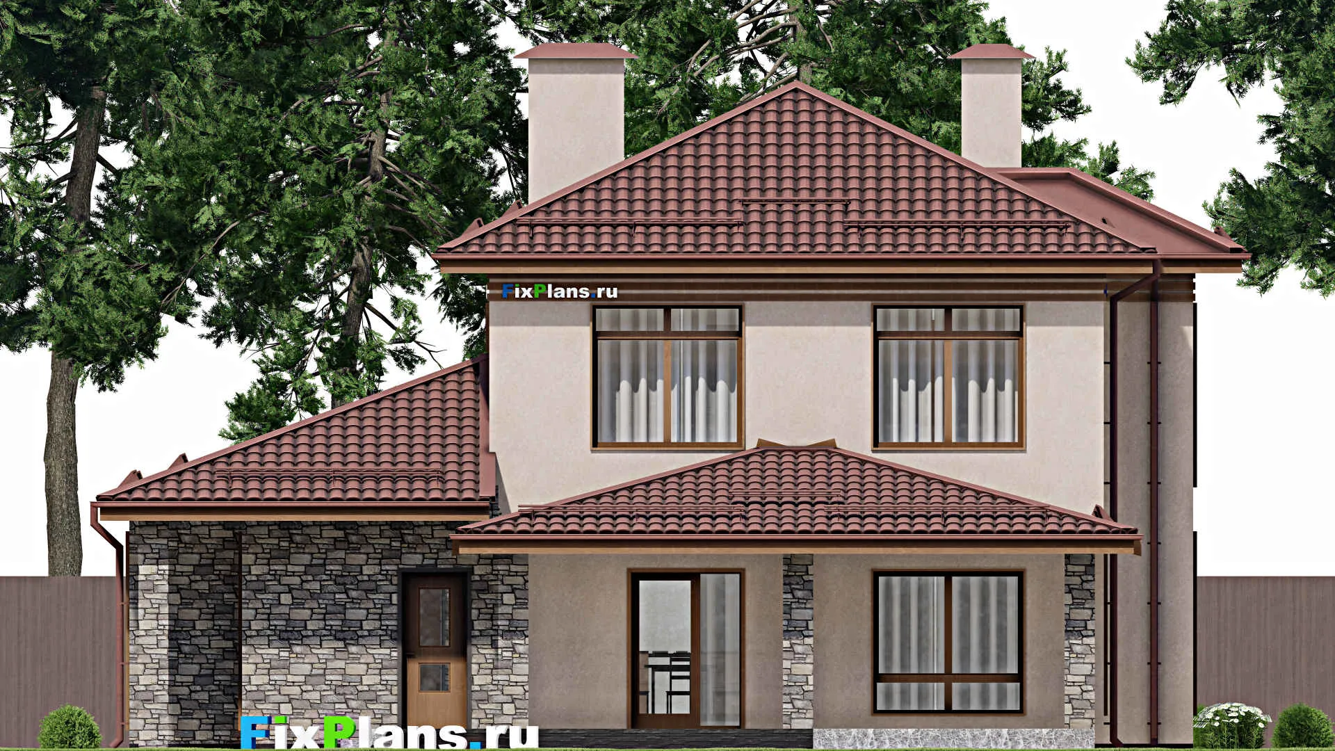 F-2222 - Планы двухэтажного дома 12 на 15, площадью 200 м² с террасой, гаражом на 1 машину и 5 спальнями