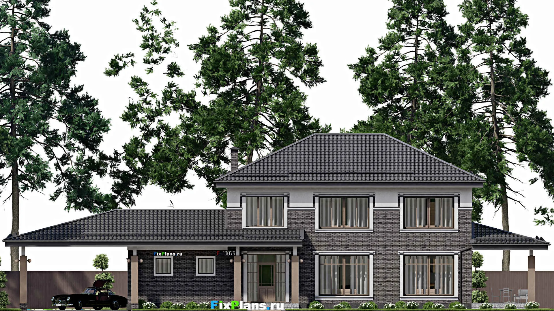 F-10079 - Планы двухэтажного дома 12 на 28, площадью 270 м² с террасой, баней, гаражом на 1 машину и 5 спальнями