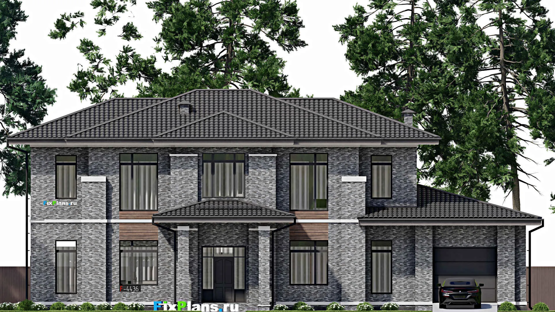 F-4436 - Проект двухэтажного дома 16 на 23, площадью 320 м² с террасой, балконом, гаражом на 1 машину и 4 спальнями