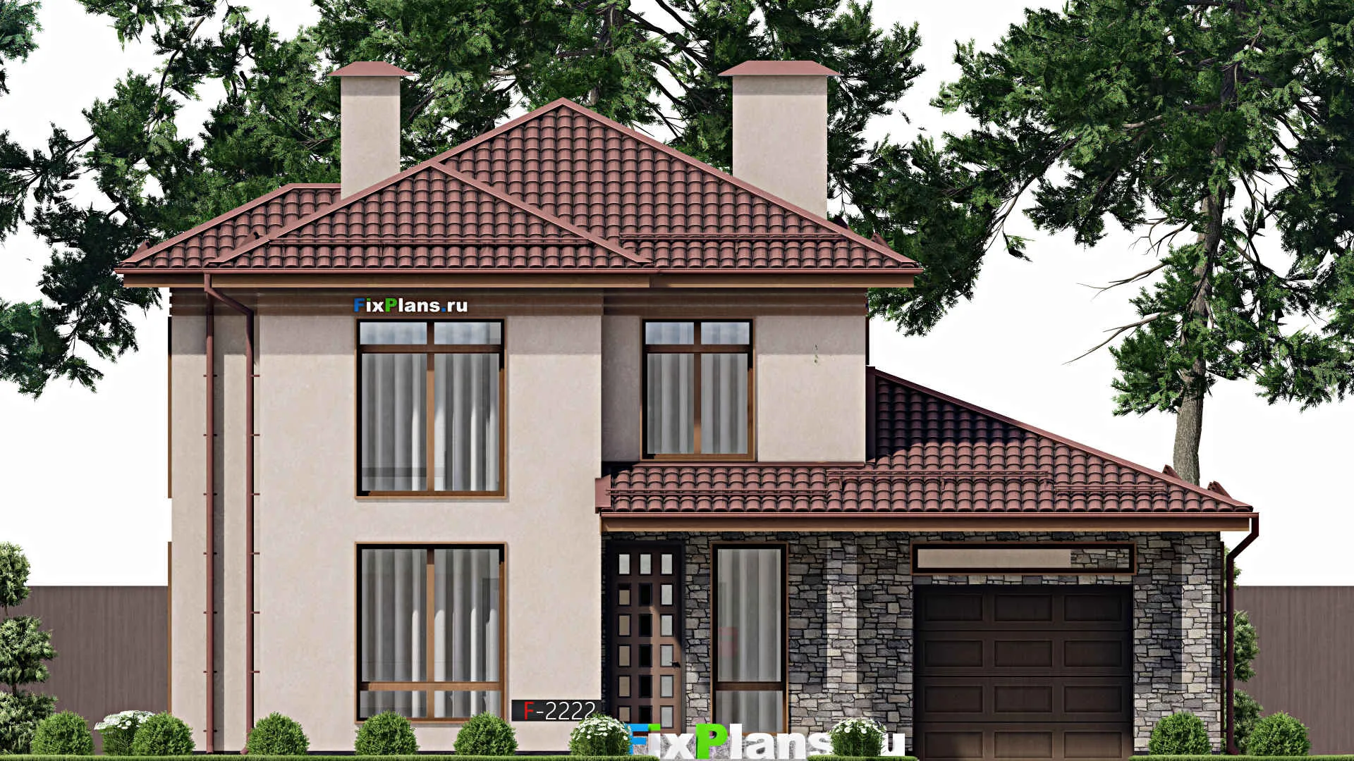 F-2222 - Планы двухэтажного дома 12 на 15, площадью 200 м² с террасой, гаражом на 1 машину и 5 спальнями