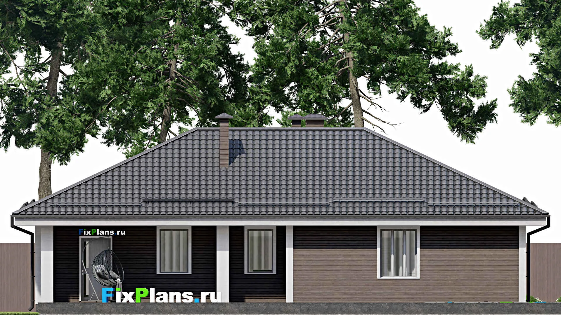 F-9665 - План одноэтажного дома 18 на 19, площадью 240 м² с террасой, гаражом на 1 машину и 3 спальнями