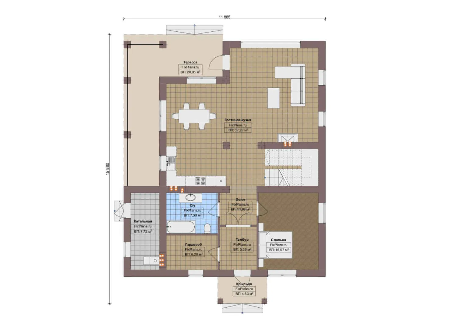 F-13328 - Планы дома с мансардой 12 на 16, площадью 220 м² с террасой, балконом и 3 спальнями
