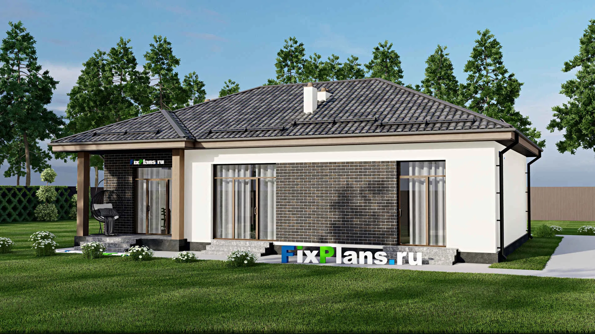 F-2762 - Проект одноэтажного дома 14 на 16, площадью 140 м² с террасой, гаражом на 1 машину и 3 спальнями