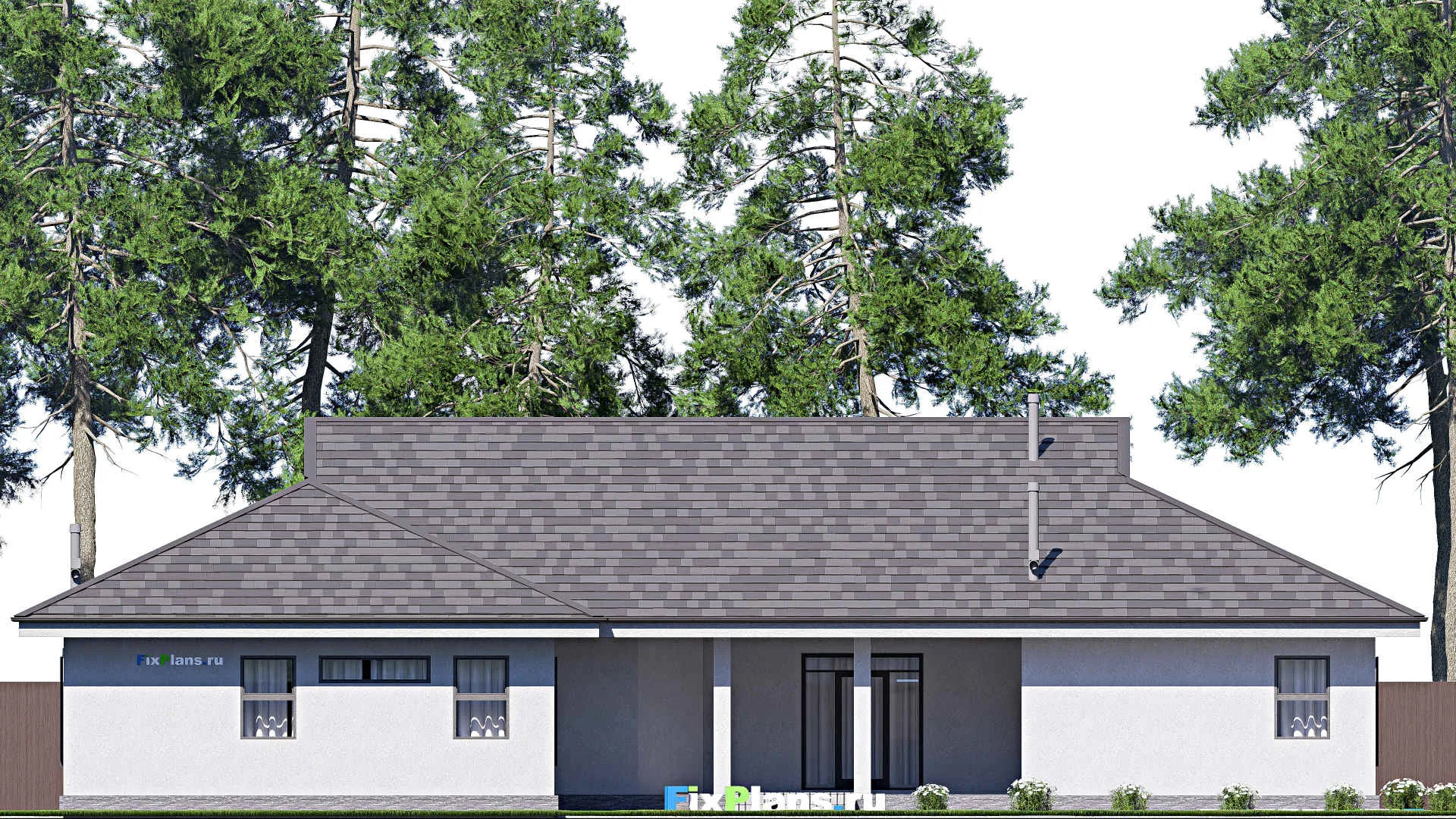 F-20096 - Проект одноэтажного дома 20 на 24, площадью 320 м² с террасой, гаражом на 2 машины и 5 спальнями