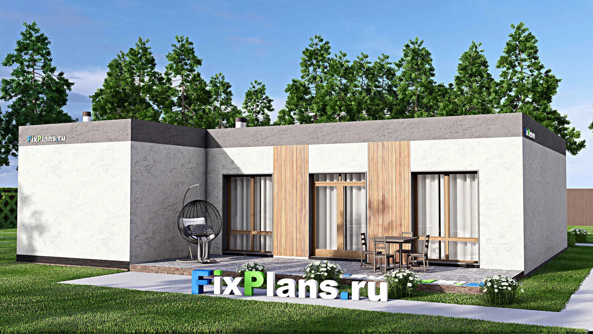 F-14048 - План одноэтажного дома 14 на 15, площадью 160 м² с террасой и 3 спальнями