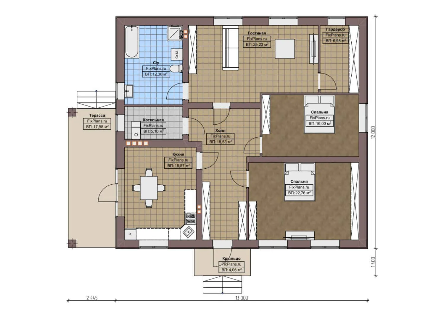 F-5300 - План одноэтажного дома 12 на 13, площадью 150 м² с террасой и 2 спальнями