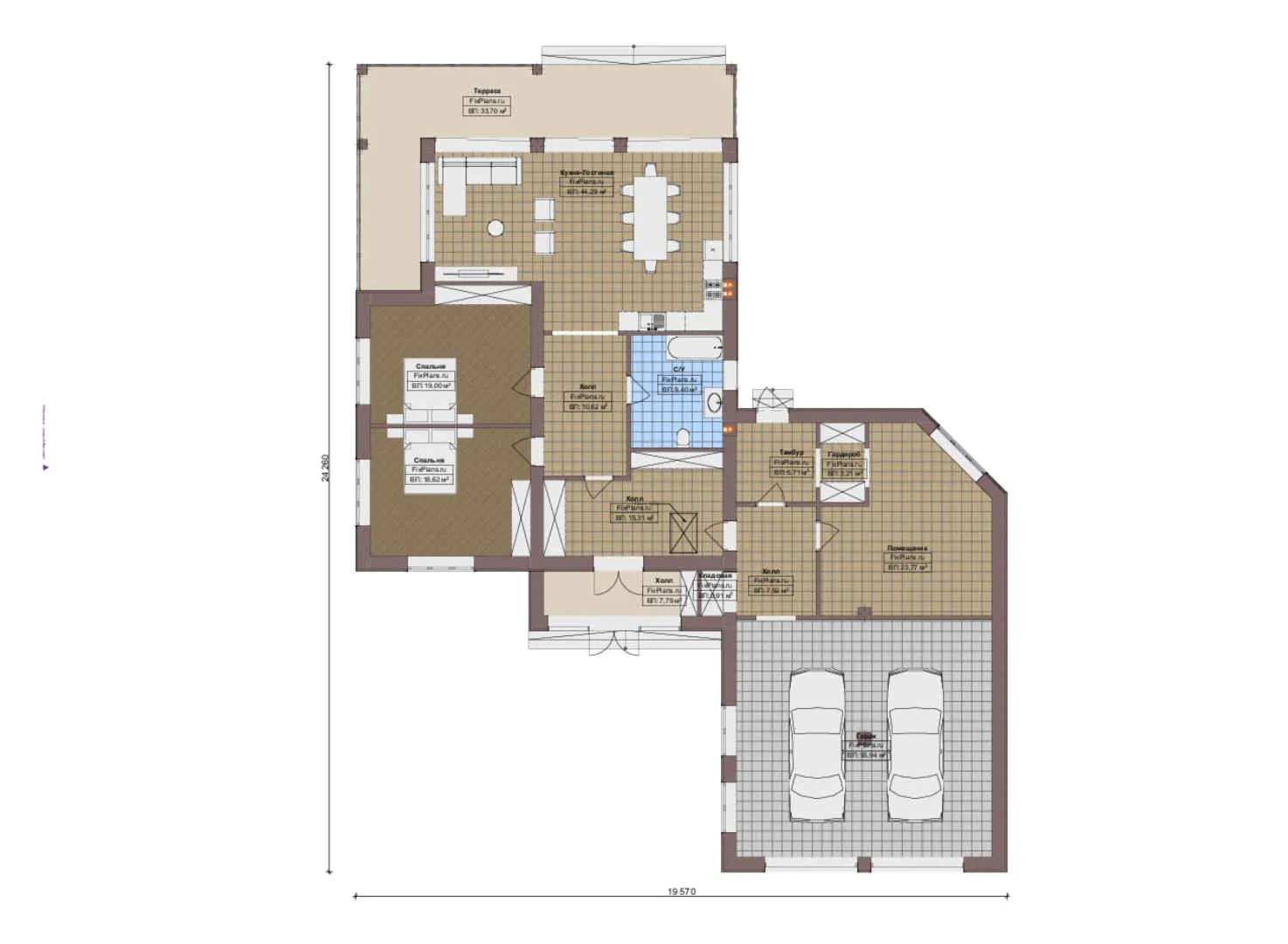 F-19025 - План одноэтажного дома 20 на 25, площадью 260 м² с террасой, гаражом на 2 машины и 2 спальнями