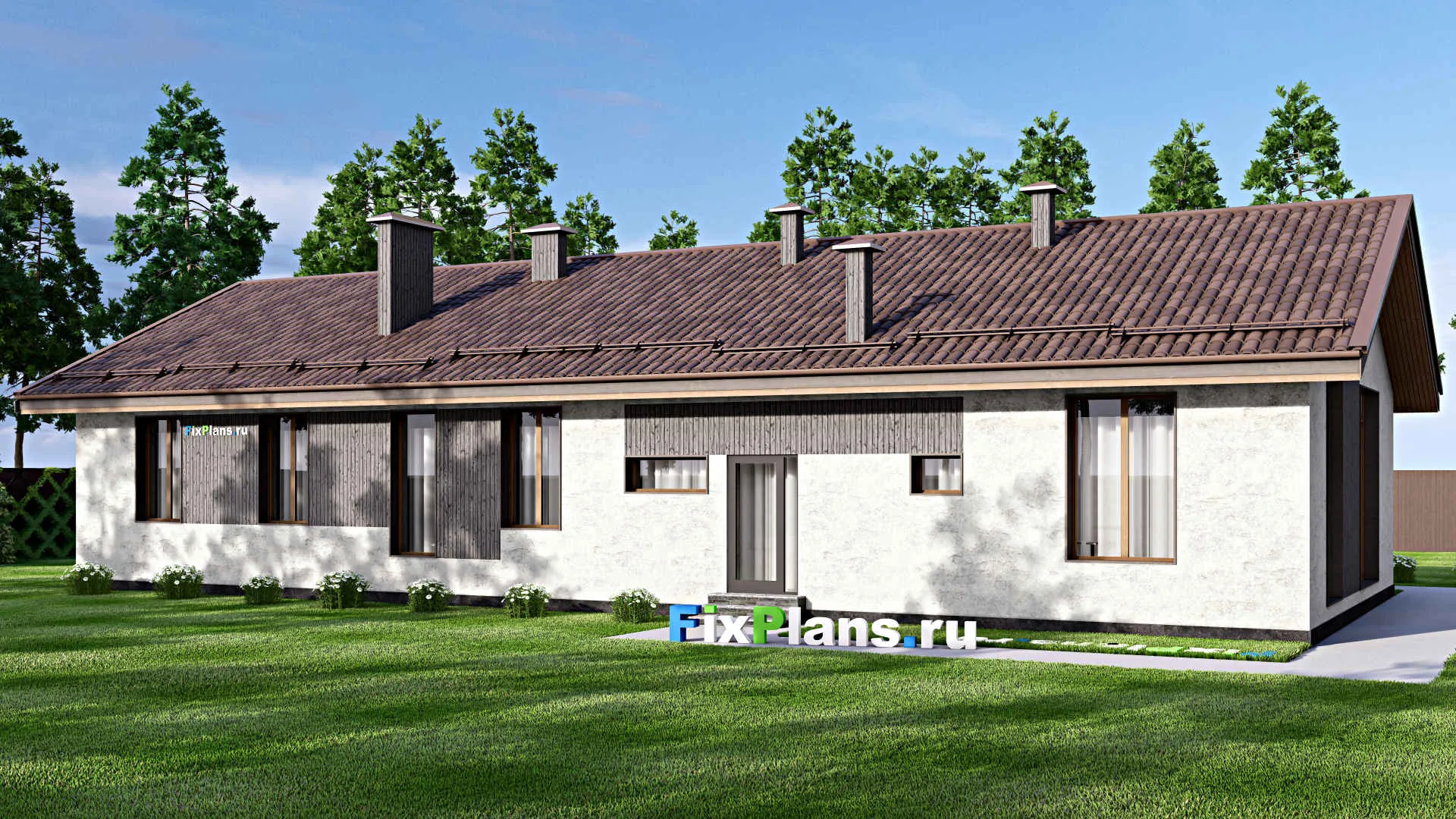 F-14030 - План одноэтажного дома 13 на 23, площадью 190 м² с баней, гаражом на 1 машину и 2 спальнями