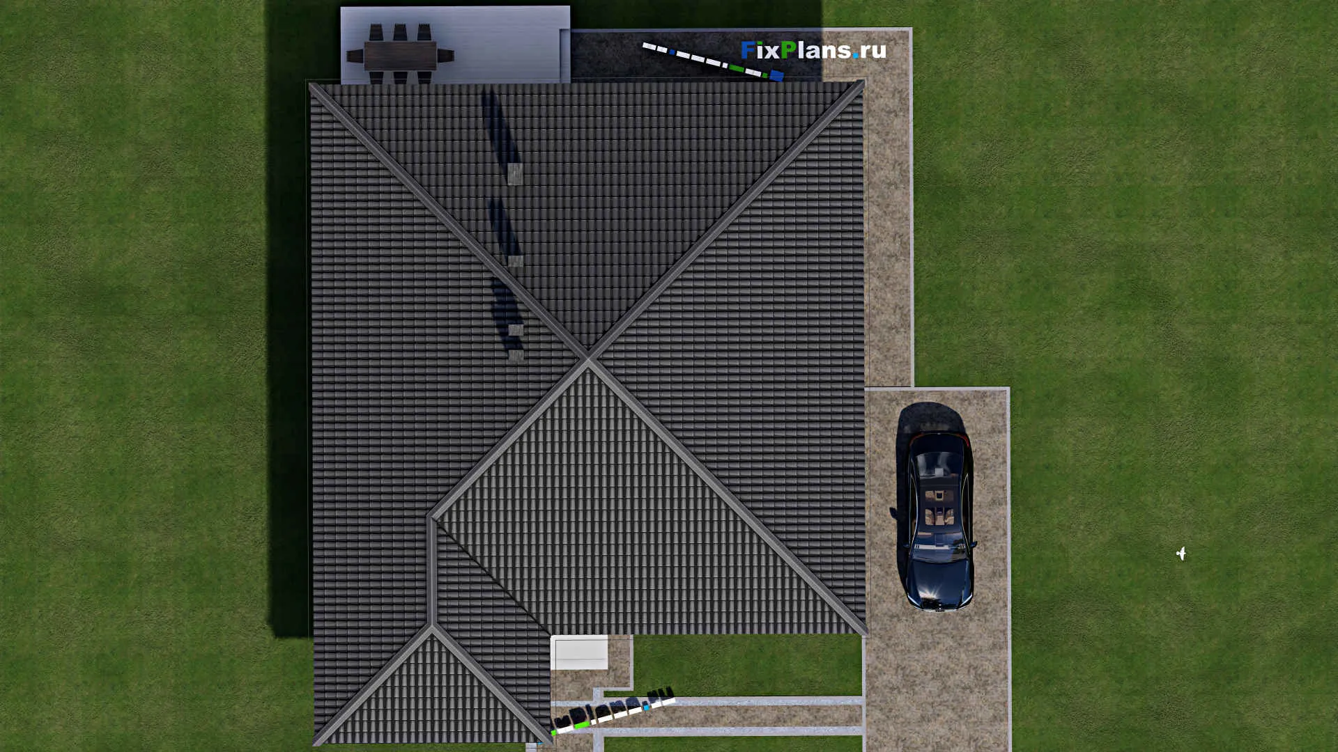 F-0953 - План одноэтажного дома 14 на 14, площадью 190 м² с террасой и 4 спальнями