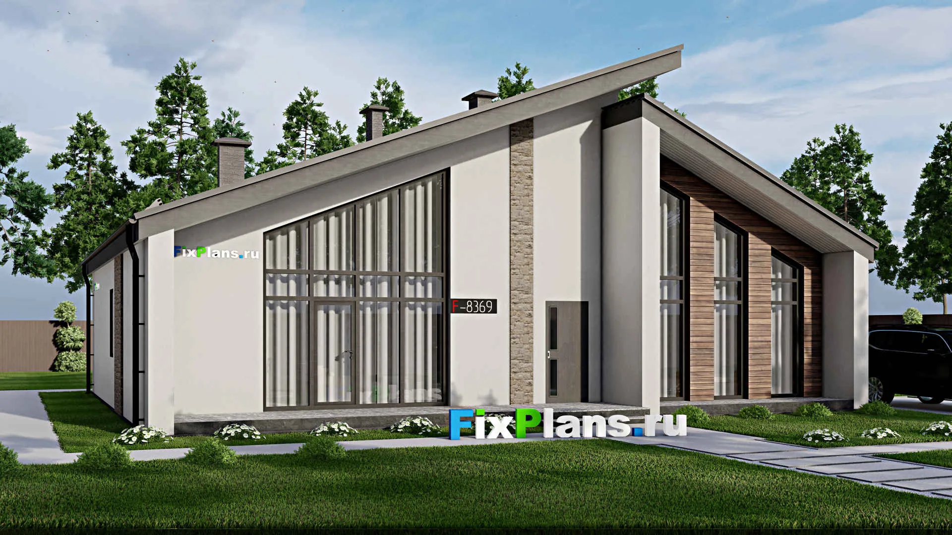 F-8369 - Проект одноэтажного дома 14 на 15, площадью 170 м² с террасой и 3 спальнями