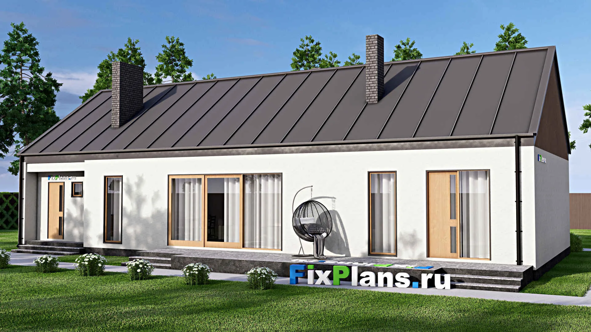 F-16091 - Проект одноэтажного дома 12 на 20, площадью 180 м² с террасой, гаражом на 1 машину и 3 спальнями