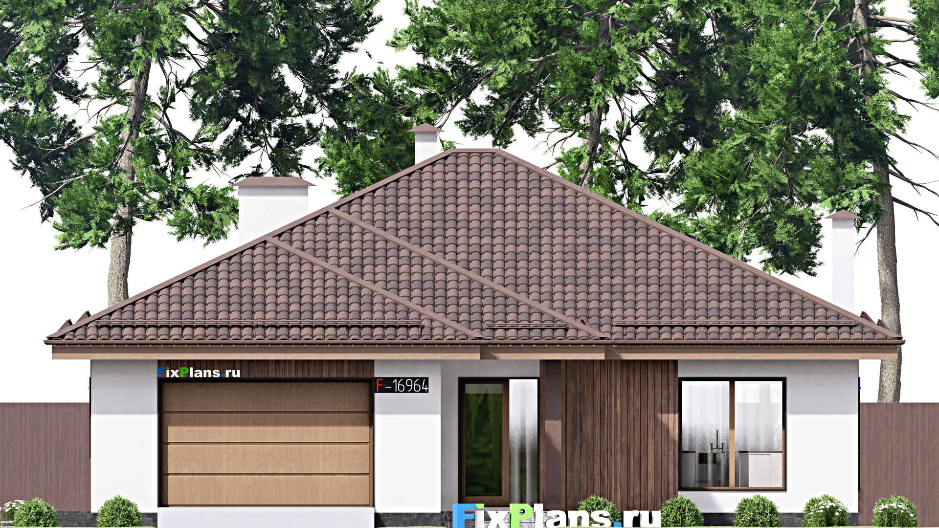 F-16964 - План одноэтажного дома 16 на 20, площадью 210 м² с террасой, гаражом на 1 машину и 3 спальнями