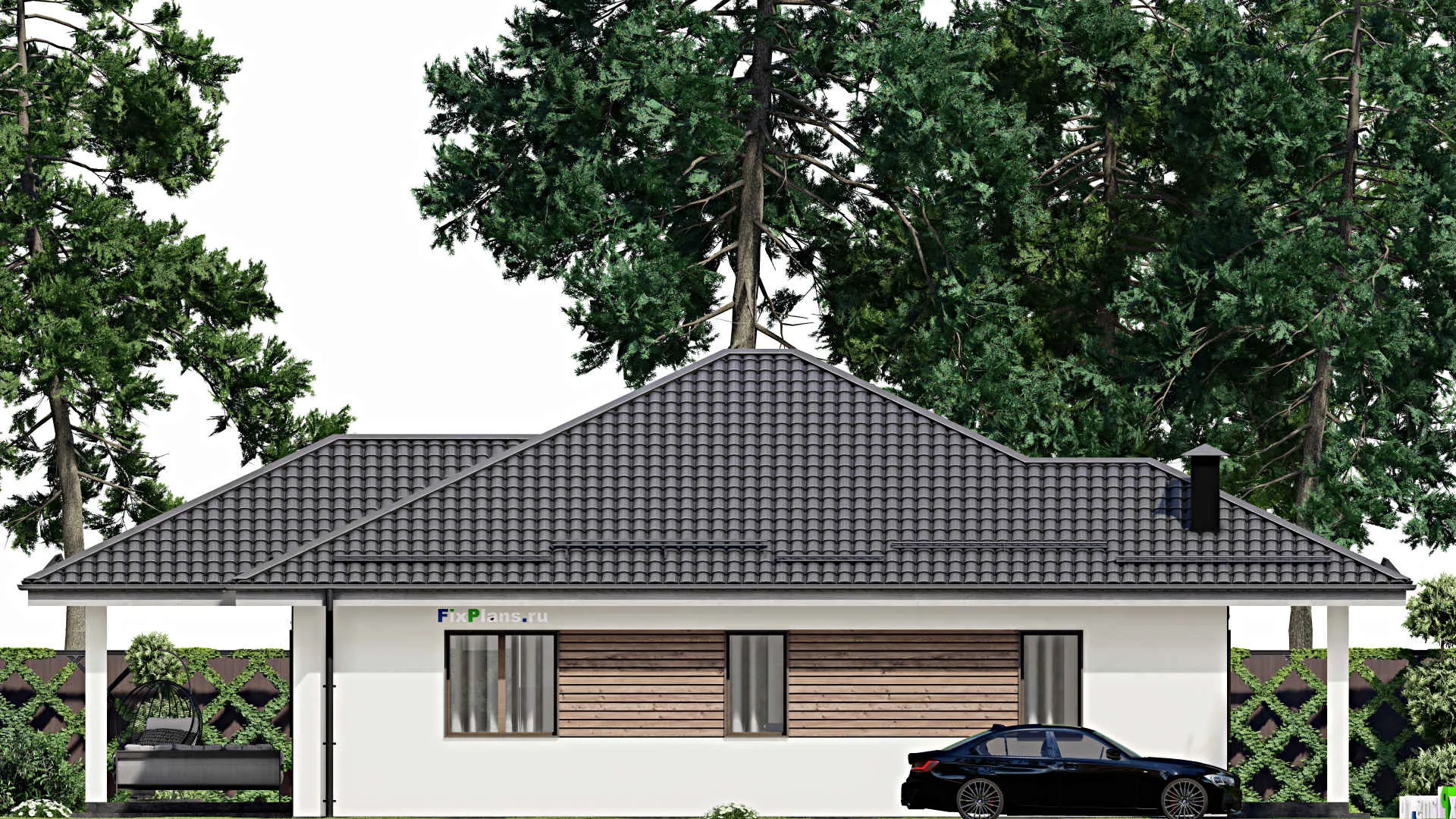 F-4355 - Проект одноэтажного дома 13 на 14, площадью 160 м² с террасой и 3 спальнями