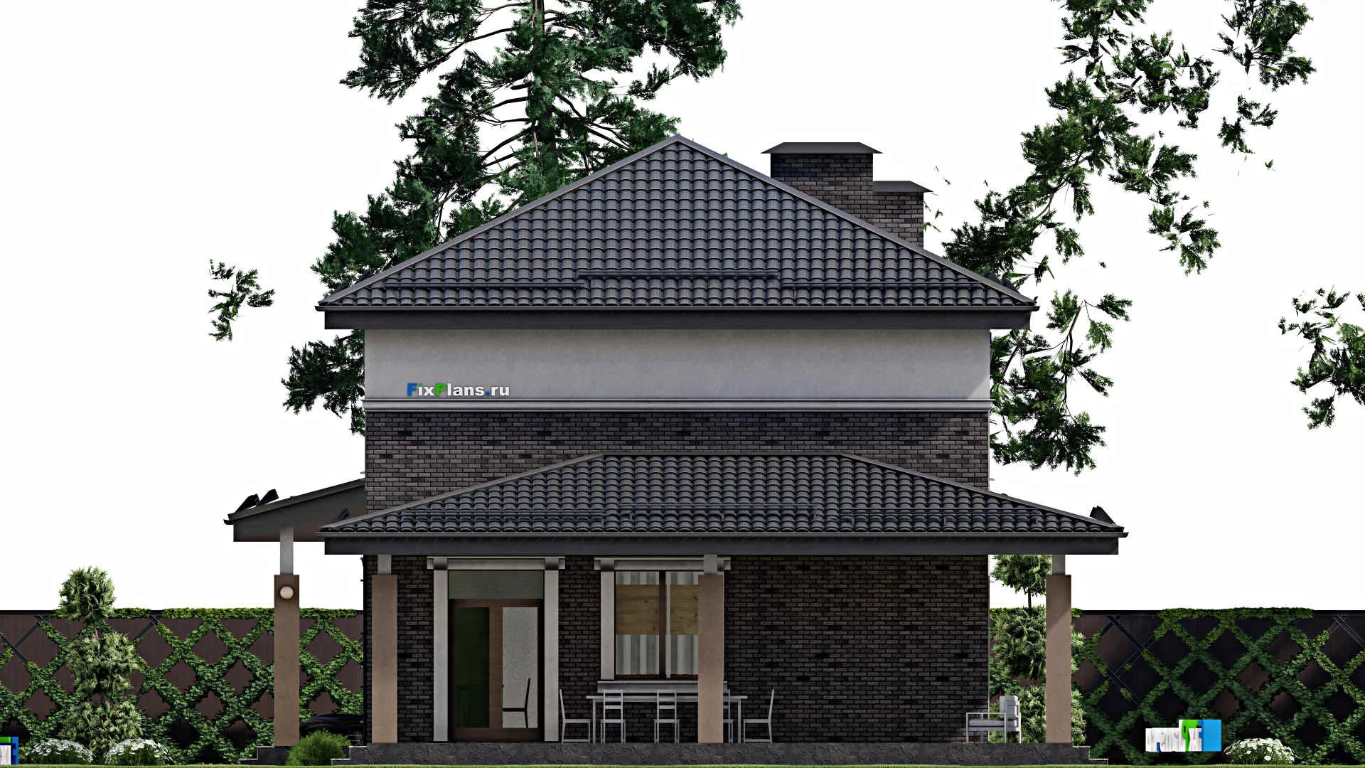 F-10079 - Планы двухэтажного дома 12 на 28, площадью 270 м² с террасой, баней, гаражом на 1 машину и 5 спальнями